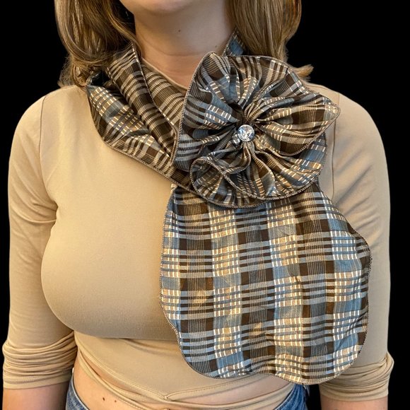 Light Fabric Plaid Pattern Scarf with Clip and Flower - Picture 1 of 5